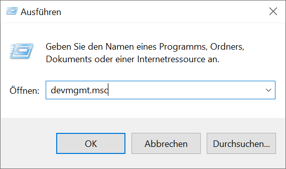 Gerätemanager über Ausführen