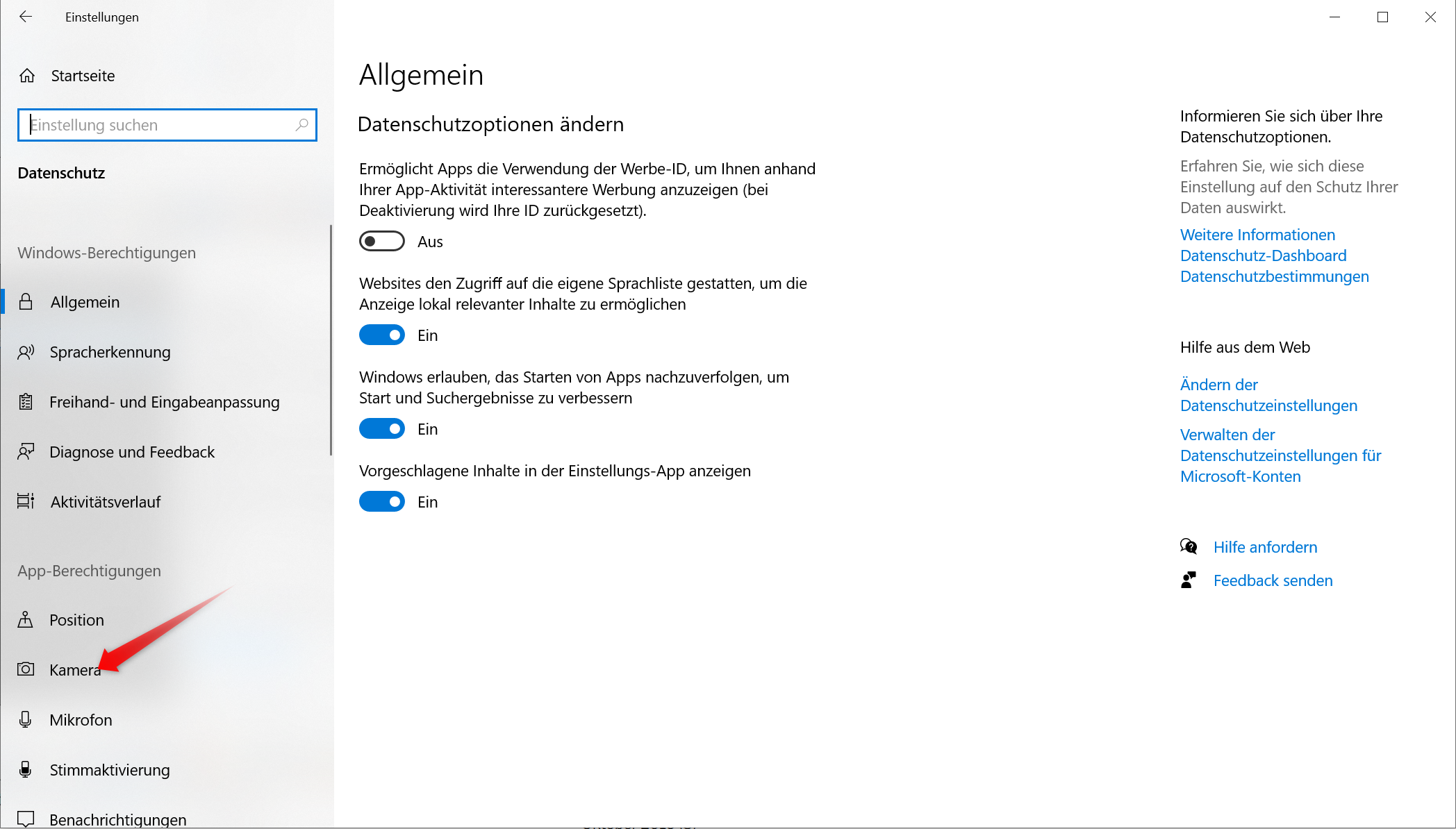 Unter Einstellungen Datenschutz rechts auf Kamera