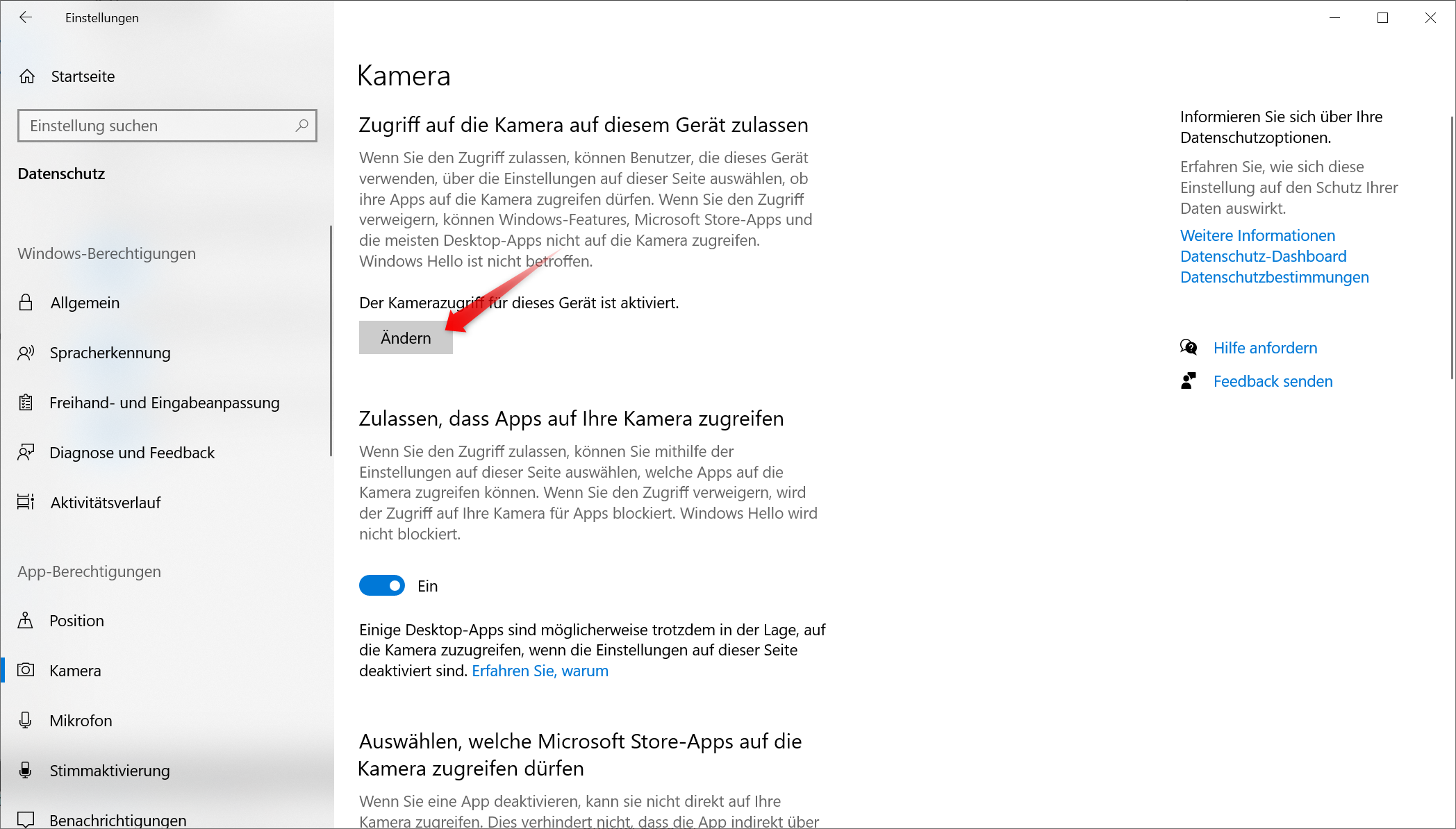 Unter Einstellungen Datenschutz Kamera auf Ändern klicken