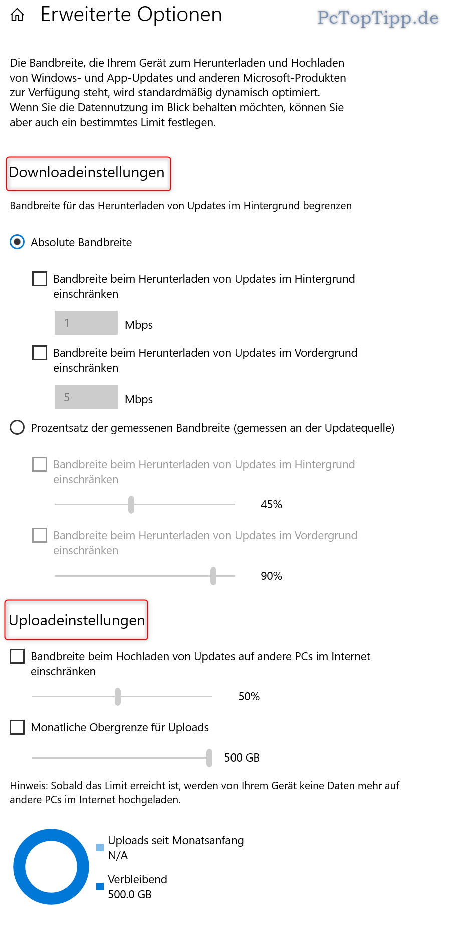 Die "Erweiterte Optionen" Seite