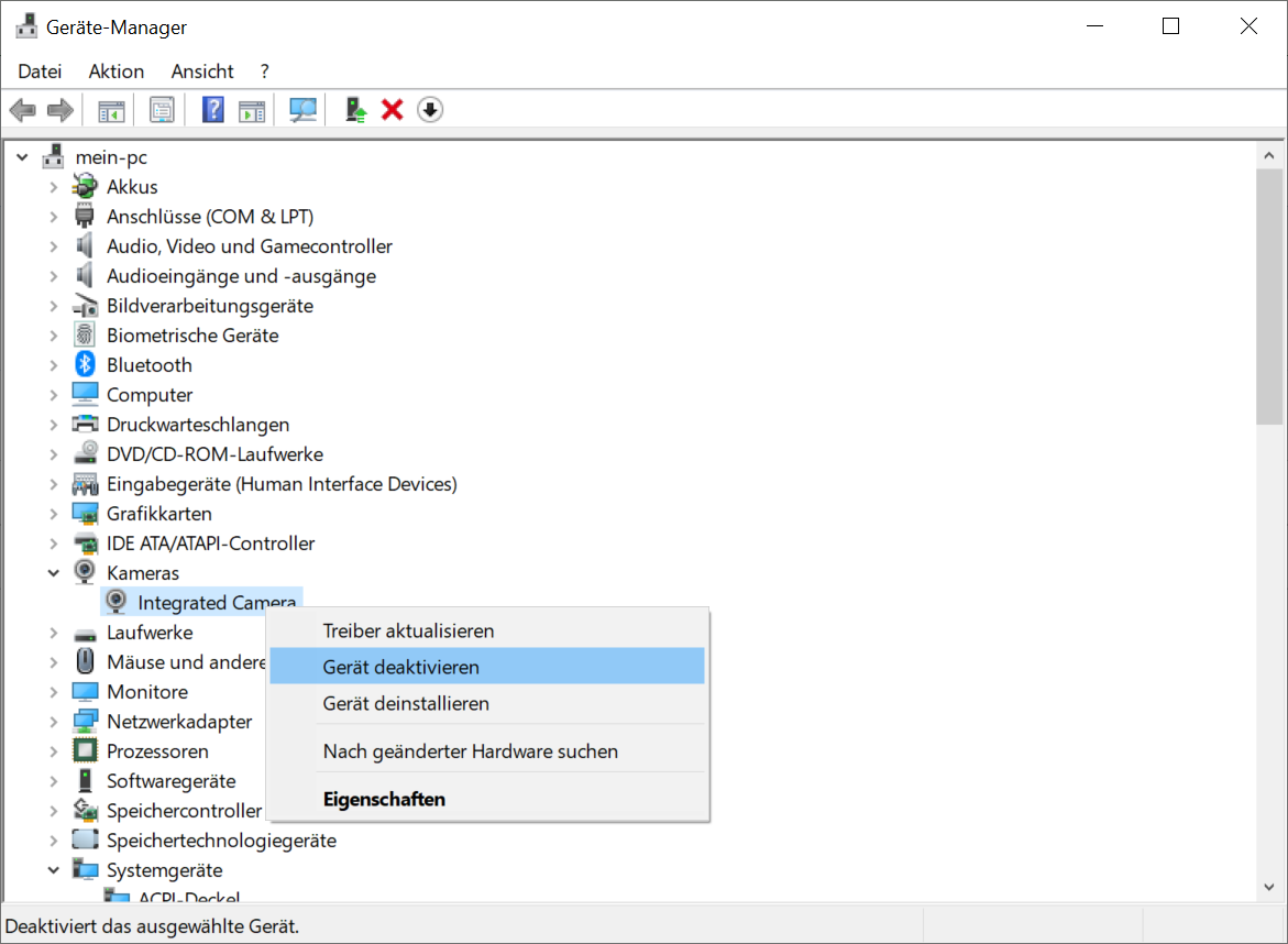 Rechte Maustaste auf die Kamera und deaktivieren auswählen