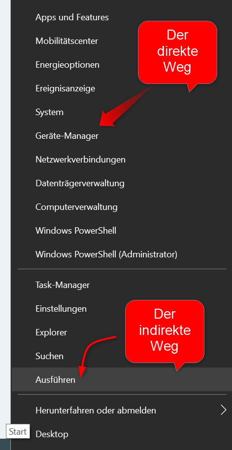 Der direkte Weg zum Gerätemanager über rechte Maustaste Start