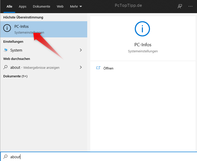 About eingeben und PC Info anklicken