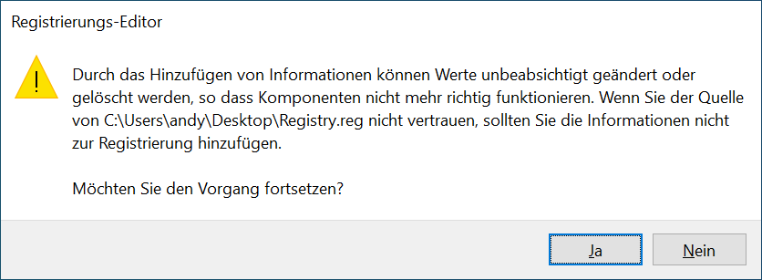 Warnung beim Ausführen von REG Dateien nach der Benutzerkontosteuerung
